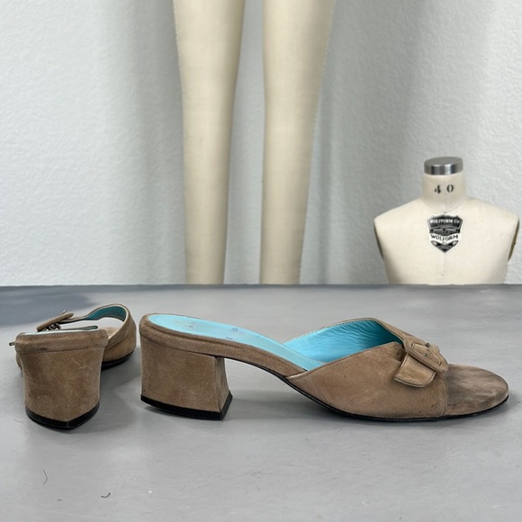 Thierry Rabotin Suede Slide Buckle Trianbgle Block Heels Sildes Mules - Picture 1 of 10